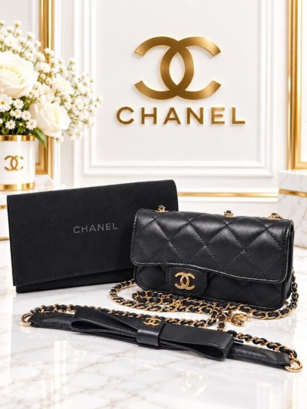 Authentic Chanel Black Quilted Leather Mini Flap CC Bow Chain Crossbody Bag